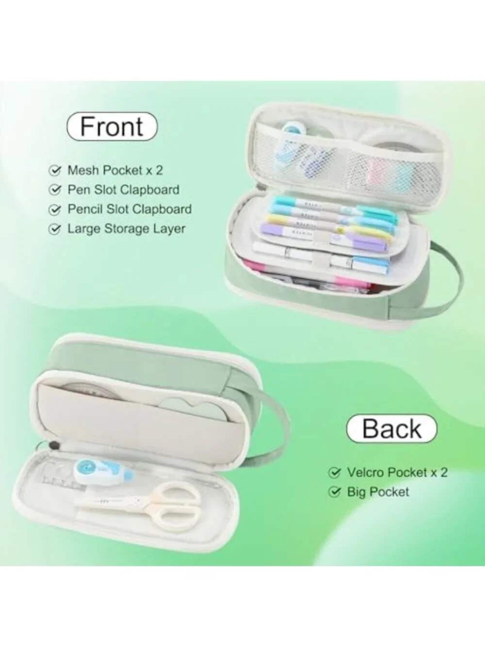 Stylish Large Green Pencil Case for Girls & Teens - Zipper Pouch for School